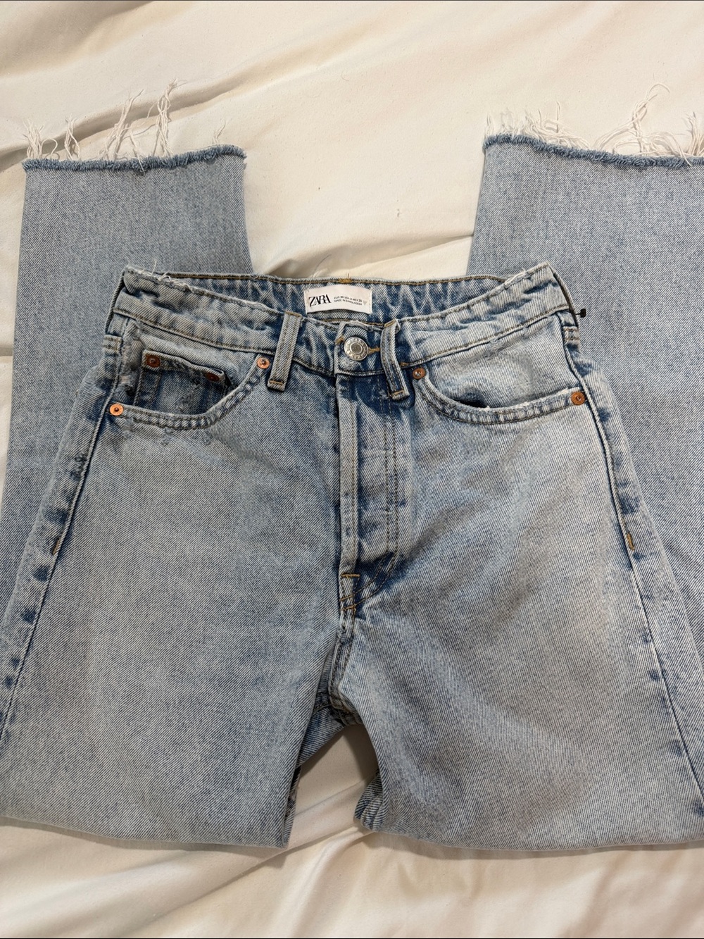 Zara Pale Blue Straight Jeans with Frayed Hem